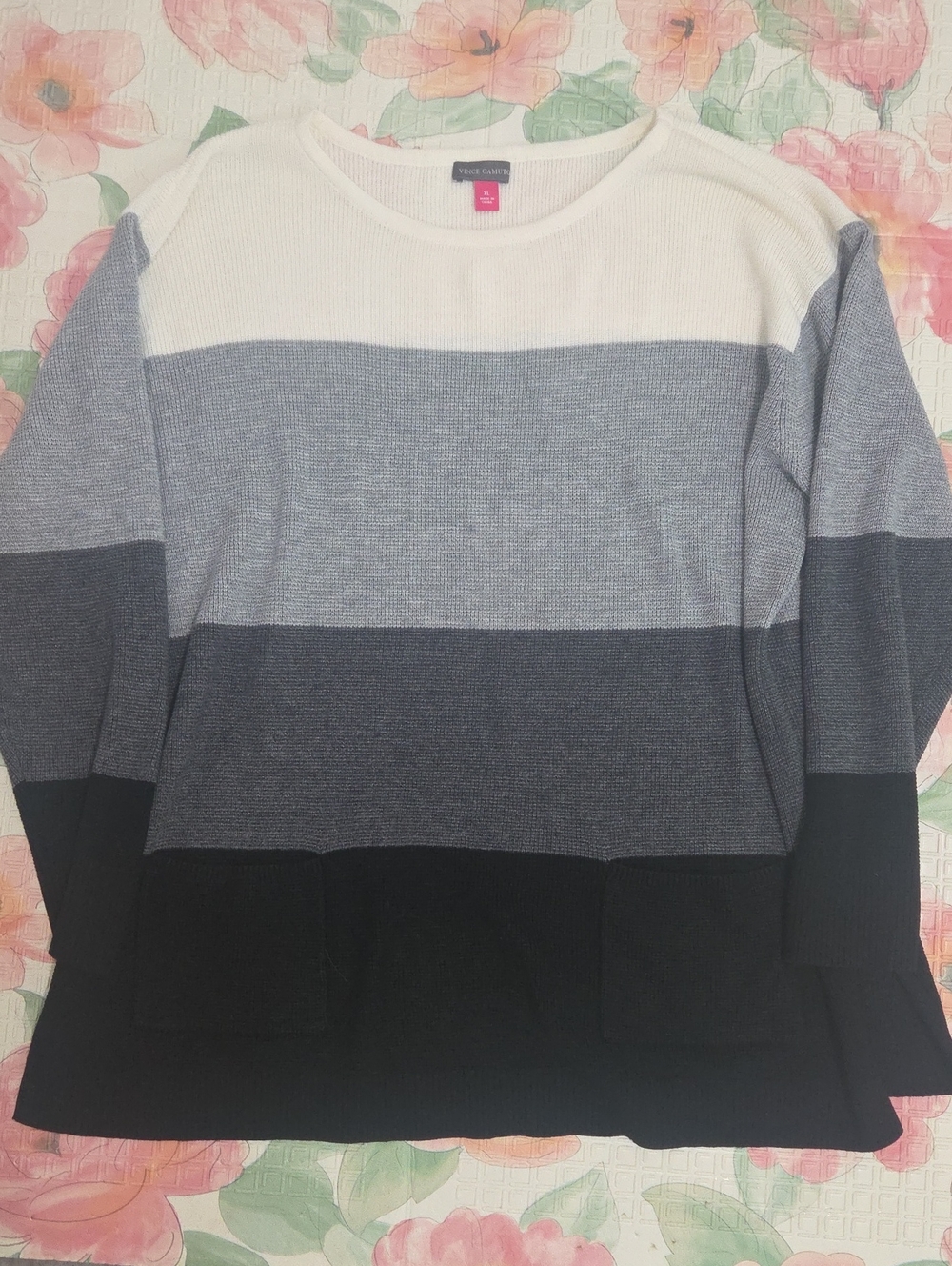 Vince Camuto Cream, Light Gray, Gray & Black Striped Crewneck Sweater